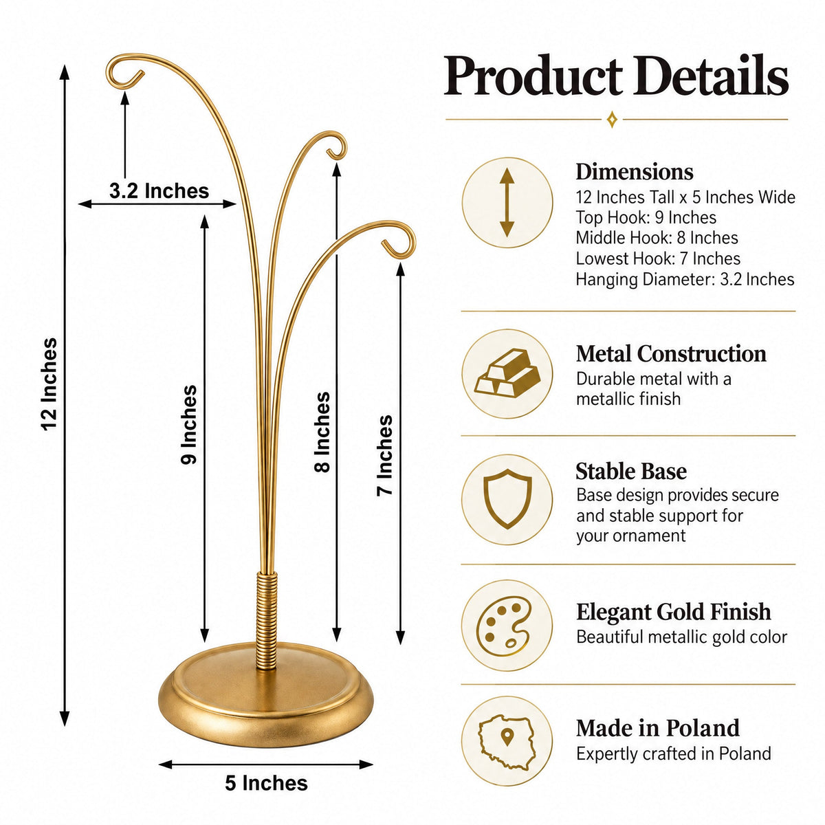 3-Arm Botanical Style Gold Metal Ornament Display Stand 12 Inches Ornament Stands La Vie Bien 3-Arm Botanical Style Gold Metal Ornament Display Stand 12 Inches
