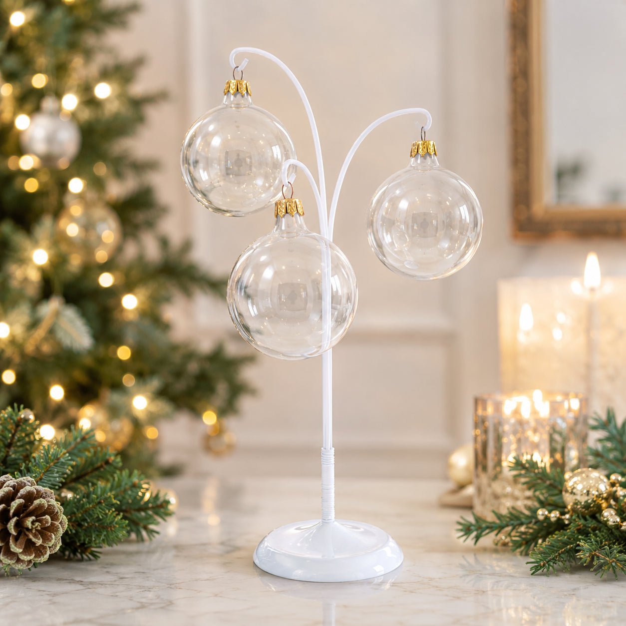 3-Arm Botanical Style White Painted Metal Ornament Display Stand 12 Inches Ornament Stands La Vie Bien 3-Arm Botanical Style White Painted Metal Ornament Display Stand 12 Inches