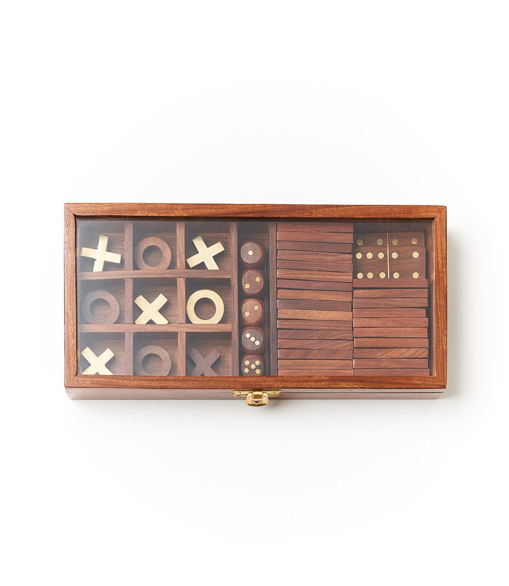 3-in-1 Game Set Dice, Dominoes, Tic Tac Toe - Handcrafted Wood HME stock line La Vie Bien 3-in-1 Game Set Dice, Dominoes, Tic Tac Toe - Handcrafted Wood
