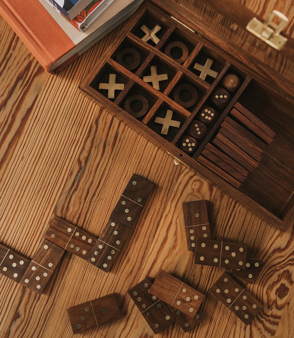 3-in-1 Game Set Dice, Dominoes, Tic Tac Toe - Handcrafted Wood HME stock line La Vie Bien 3-in-1 Game Set Dice, Dominoes, Tic Tac Toe - Handcrafted Wood