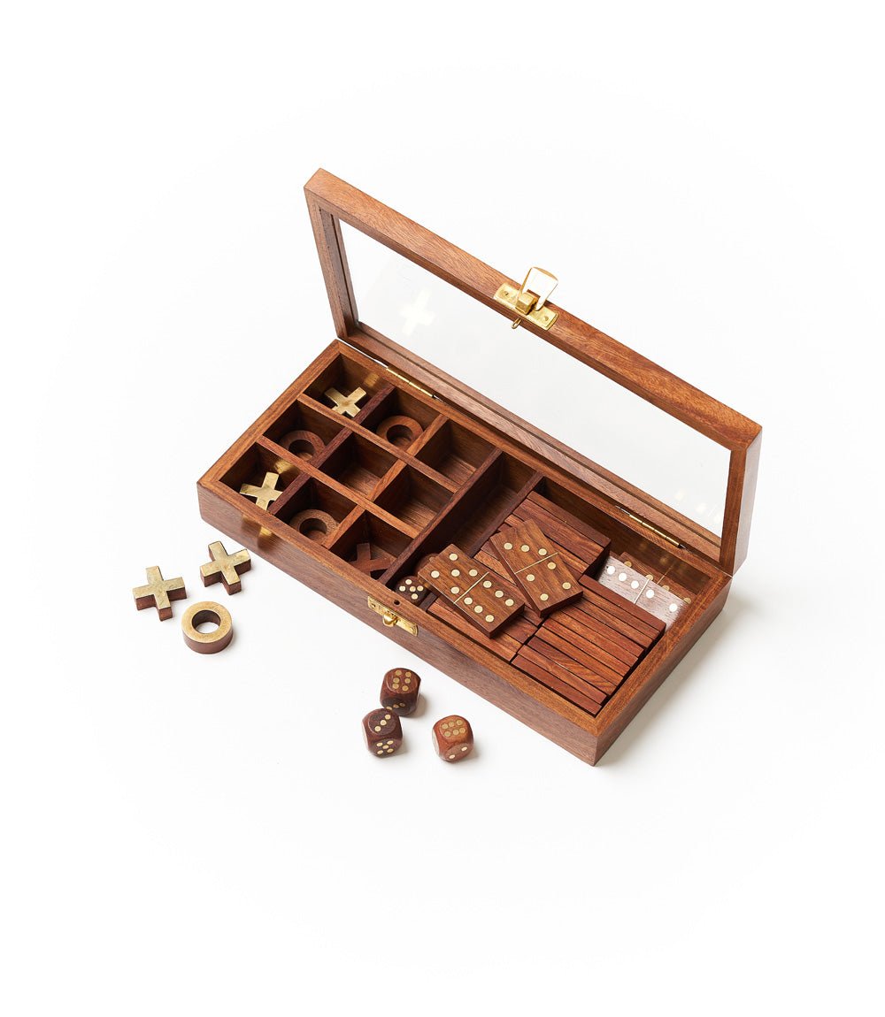 3-in-1 Game Set Dice, Dominoes, Tic Tac Toe - Handcrafted Wood HME stock line La Vie Bien 3-in-1 Game Set Dice, Dominoes, Tic Tac Toe - Handcrafted Wood