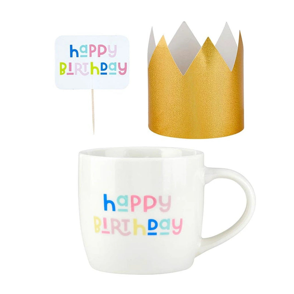 3 Piece Happy Birthday Mug Cake Gift Set | Coffee Mug Mini Crown Cupcake Topper by The Bullish Store