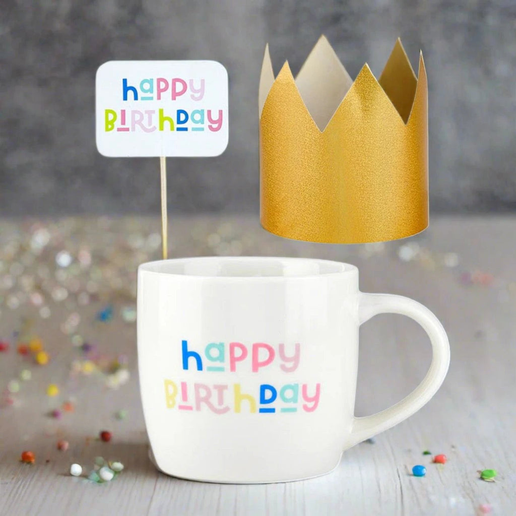 3 Piece Happy Birthday Mug Cake Gift Set | Coffee Mug Mini Crown Cupcake Topper by The Bullish Store