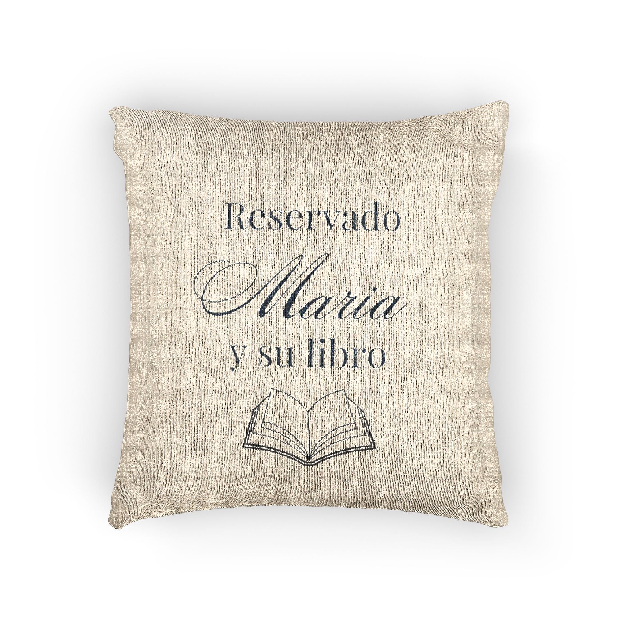 Reservado (nombre) y su libro Spanish Woven Pillow gift, Custom Name gift for Book lovers