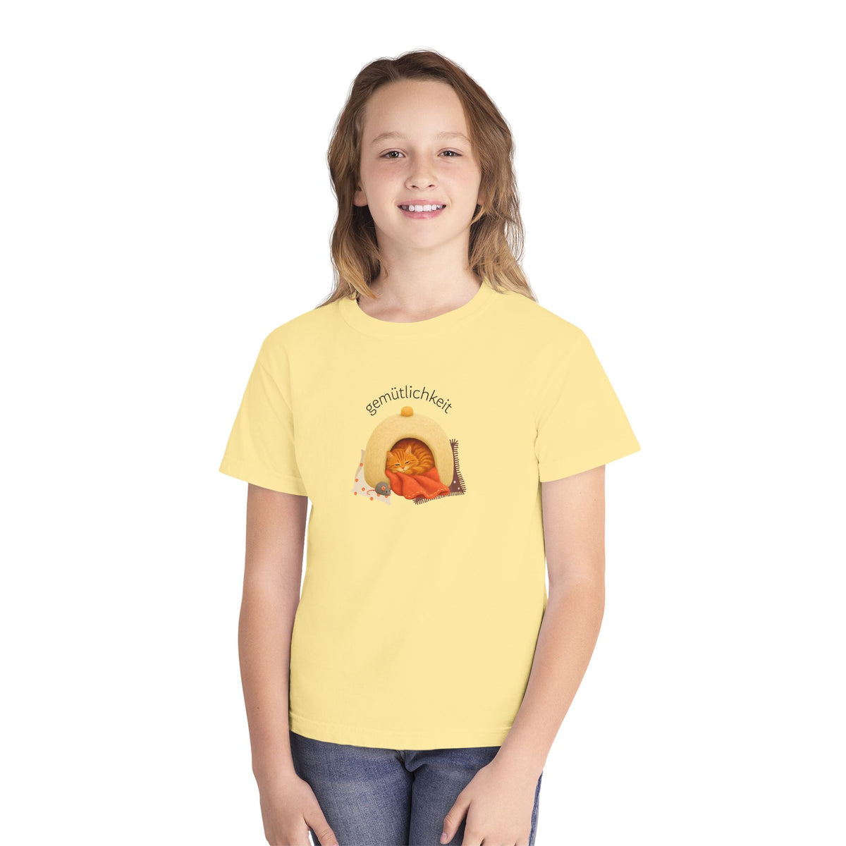 Gemütlichkeit Cozy Cat Youth Tee – German-Inspired Kids Graphic Shirt