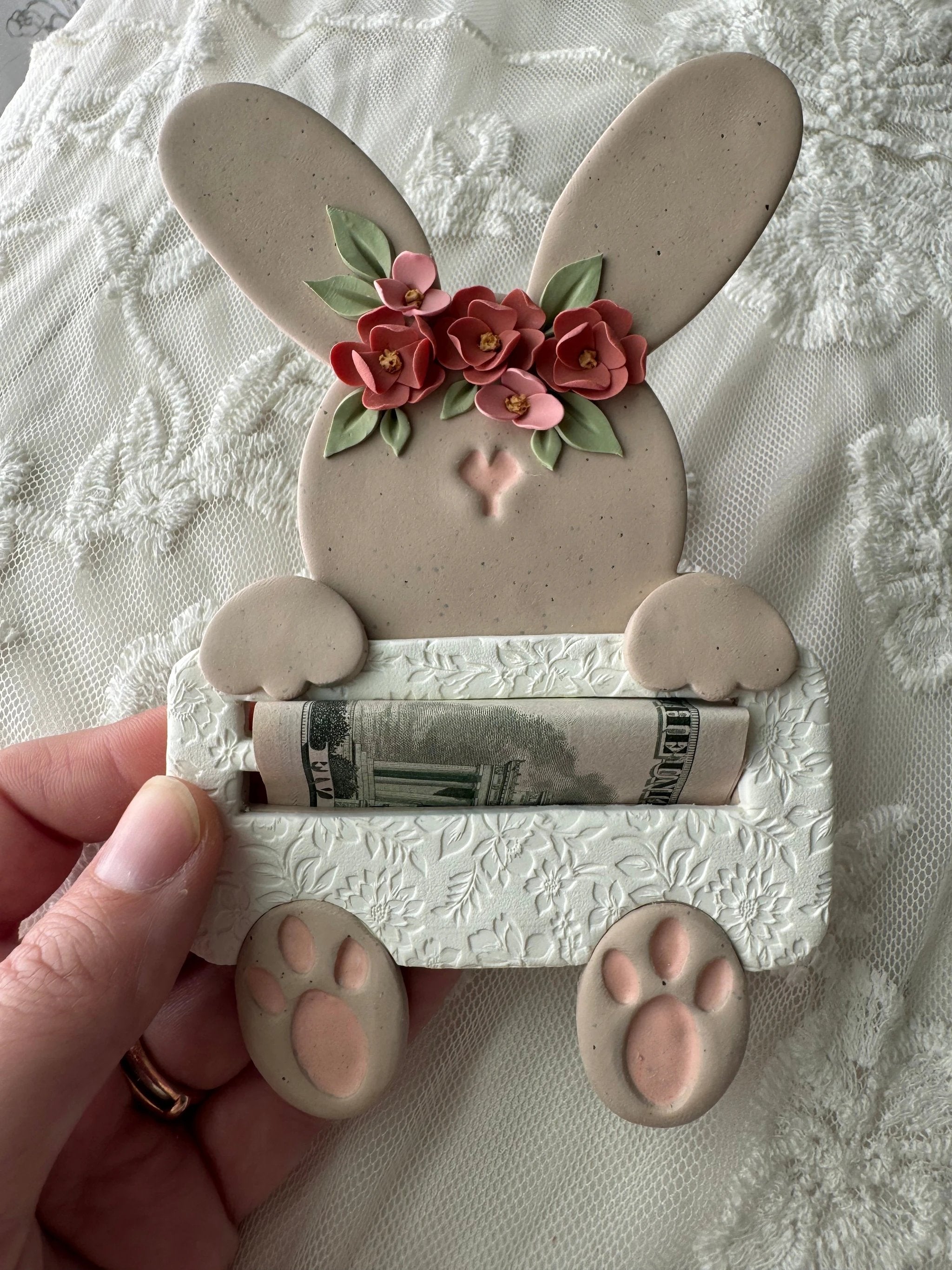 Floral Money Bunny holder, handmade by Shop Something Earthy