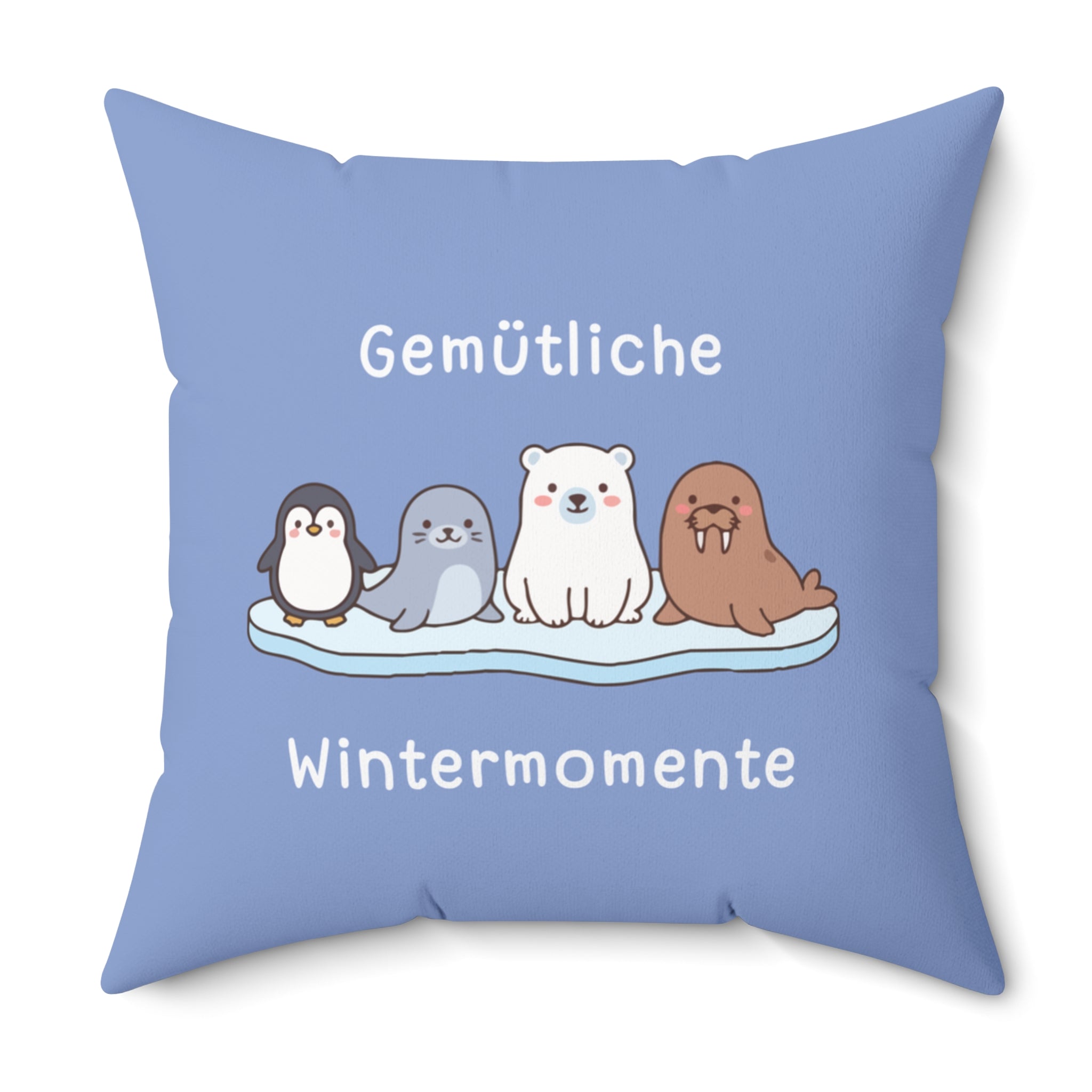 Gemütliche Wintermomente German winter blue themed square pillow, Cozy Winter Animals Pillow