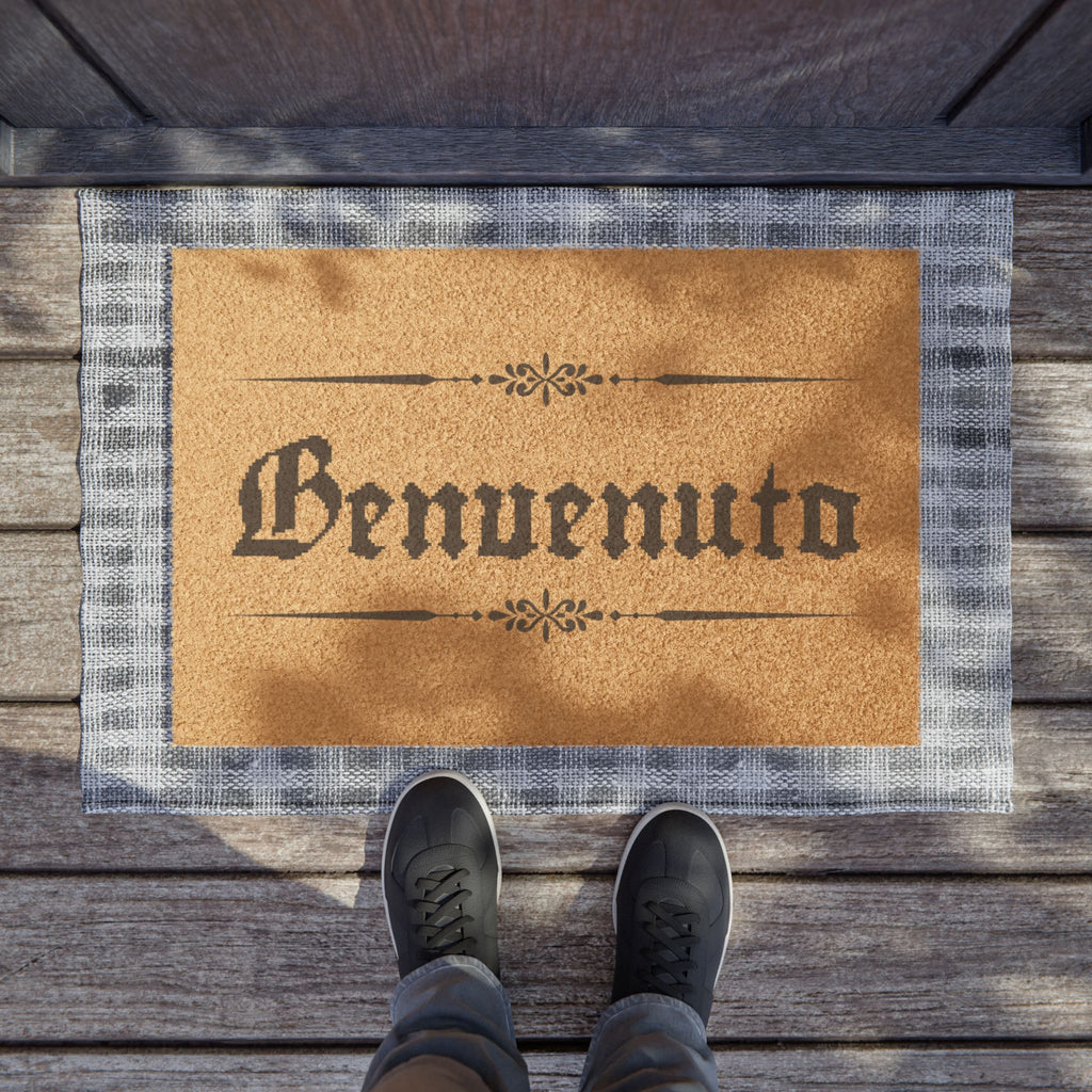 Benvenuto Doormat, Rustic Italian Welcome Coir Mat for entryways and front porch
