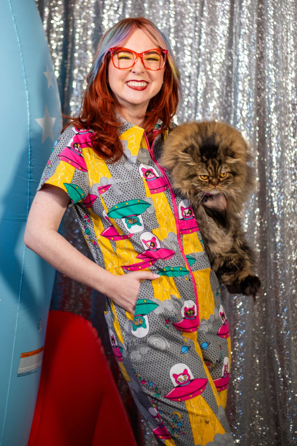 Cats in Space Jumpsuit in Asteroid Field by Blue Platypus Clothing