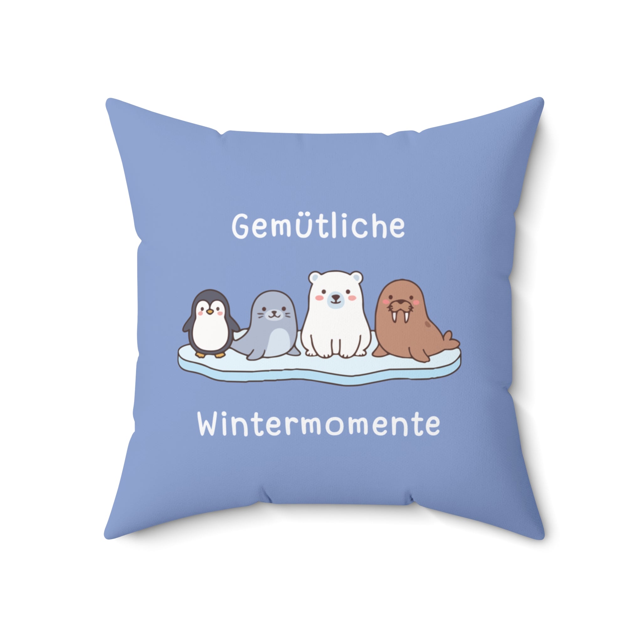 Gemütliche Wintermomente German winter blue themed square pillow, Cozy Winter Animals Pillow