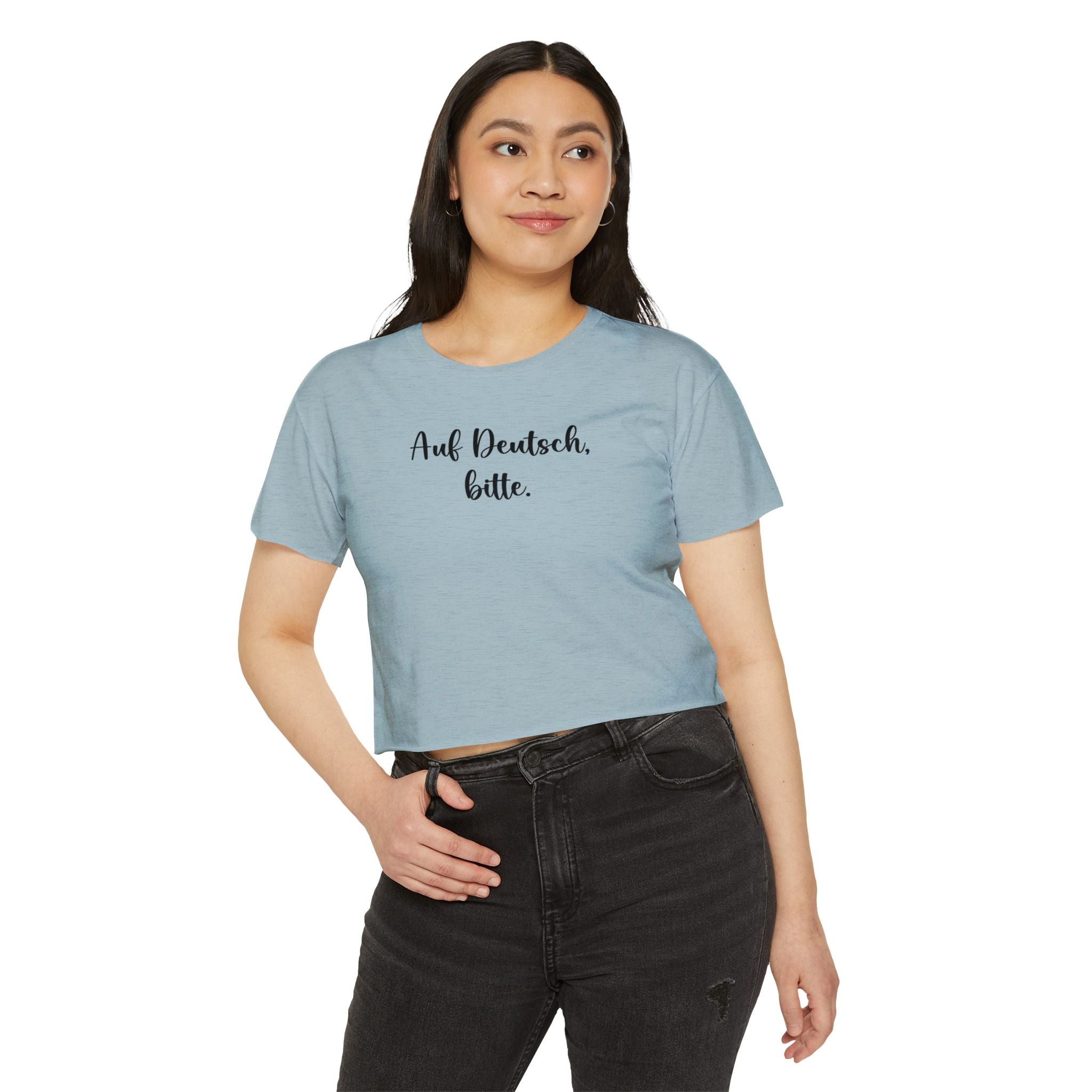 Auf Deutsch, bitte script crop top, German phrase tee, minimalist typography