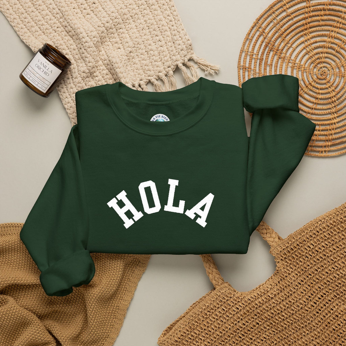 HOLA embroidered collegiate font Crewneck Sweatshirt - Gift for Spanish speakers