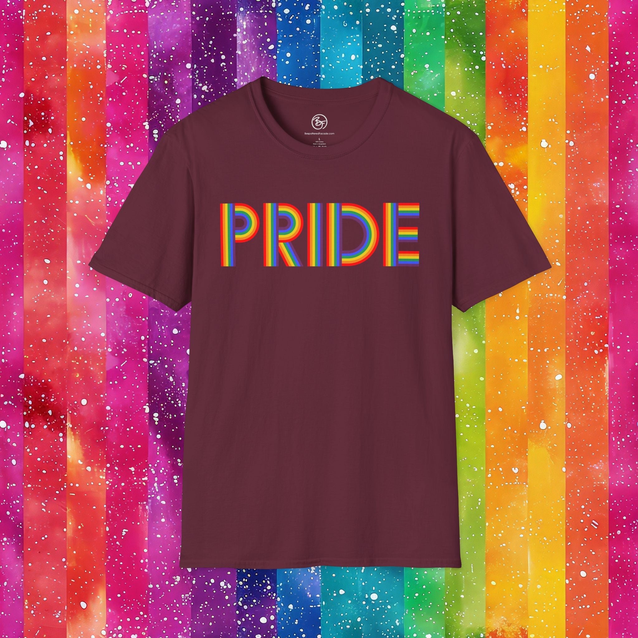 Bespattered Facade Rainbow Pride Ribbon Letters Unisex Softstyle T-Shirt