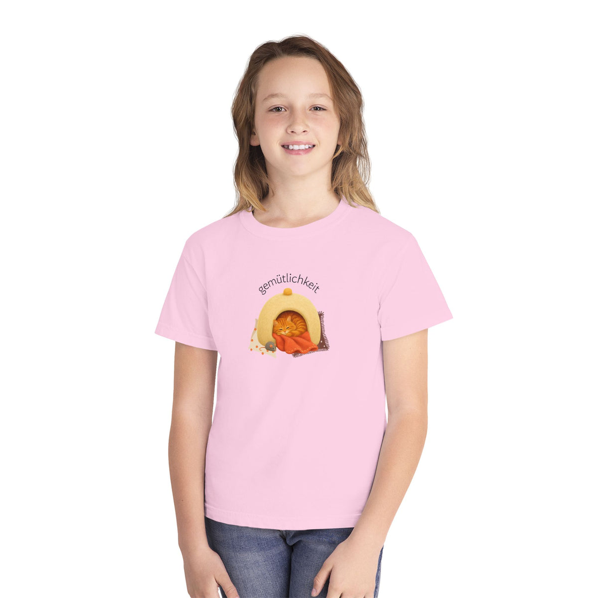 Gemütlichkeit Cozy Cat Youth Tee – German-Inspired Kids Graphic Shirt