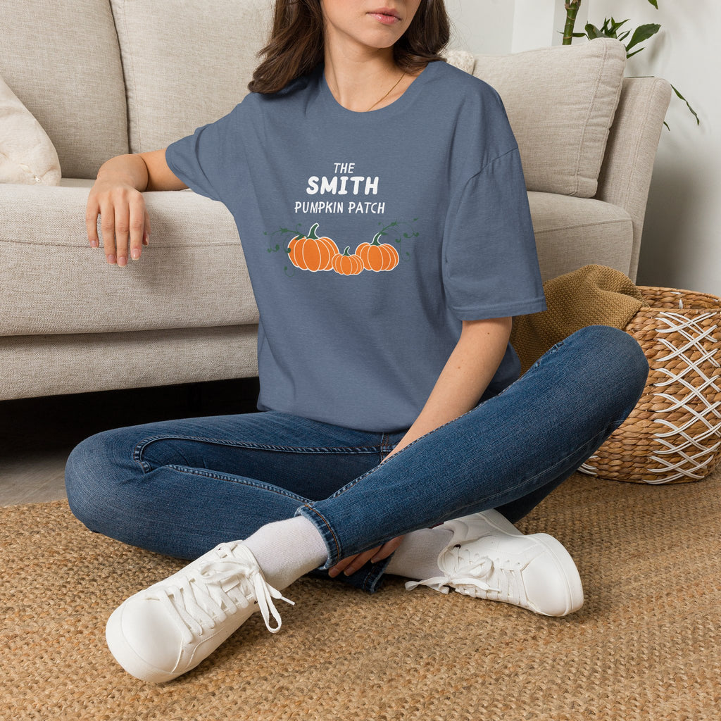 The Personalized Pumpkin Patch T-Shirt, Your family name Pumpkin Patch Fall Tee for autumn family photos, Pregnancy announcements