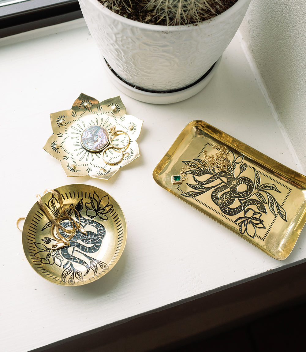 Saanp Snake Rectangular Catch-all Tray - Etched Brass