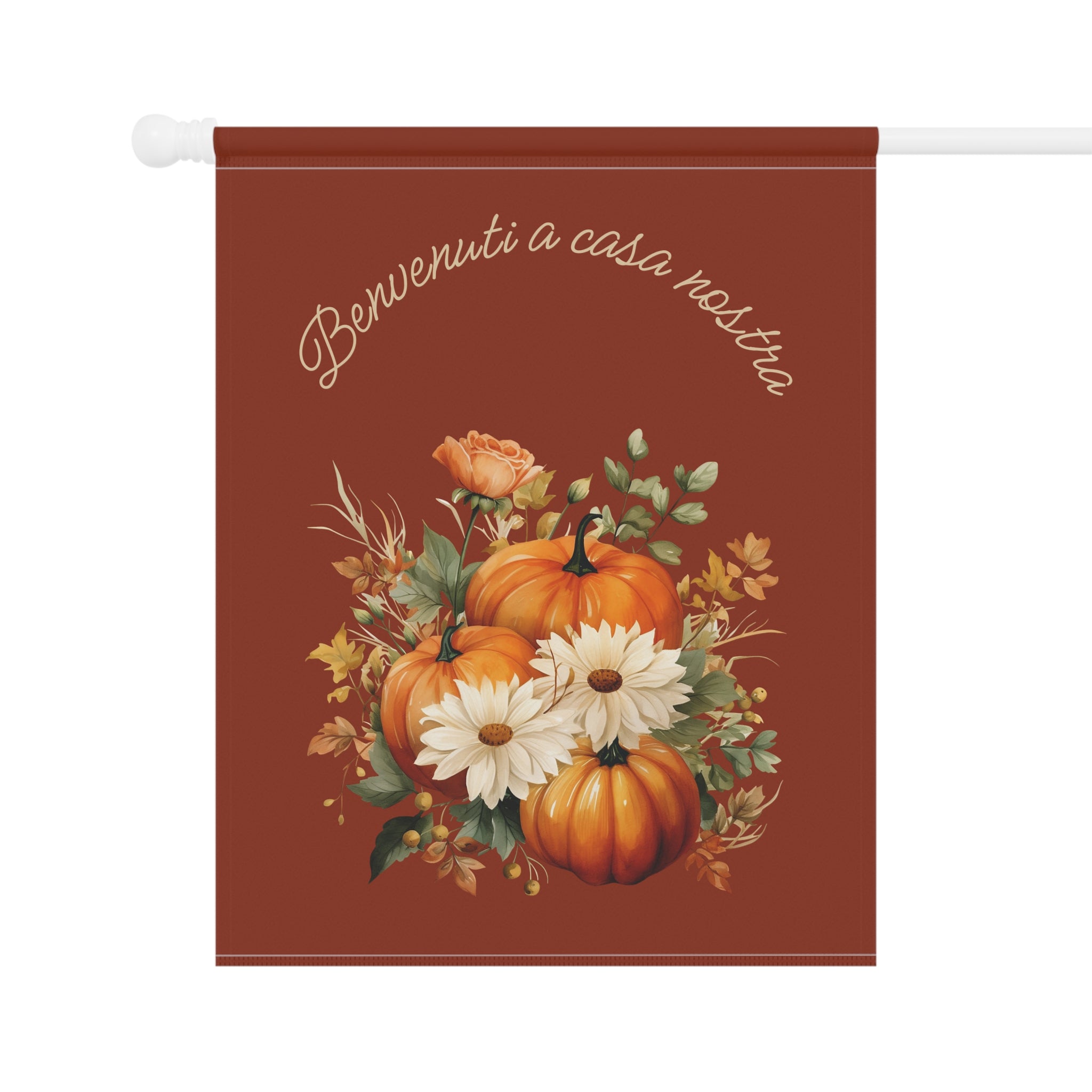Italian Autumn Pumpkin Bouquet Garden Flag - "Benvenuti a casa nostra" Fall Welcome Banner