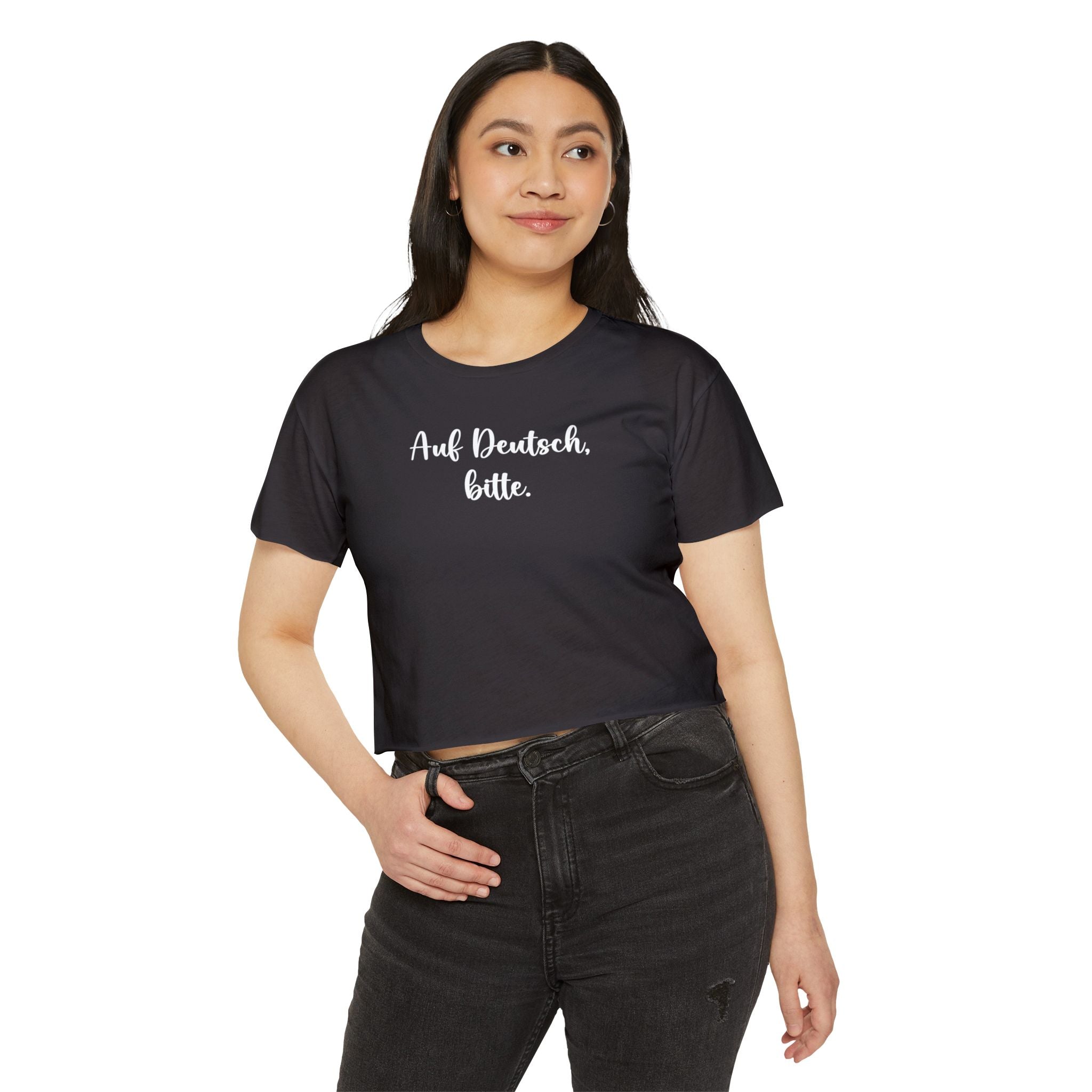 Auf Deutsch, bitte script crop top, German phrase tee, minimalist typography