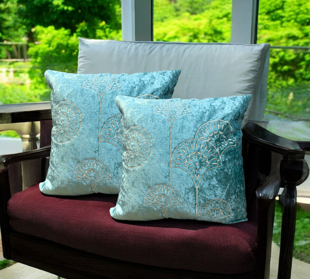 Velvet Cushion or Pillow Cover with Golden Embroidery Set of 2