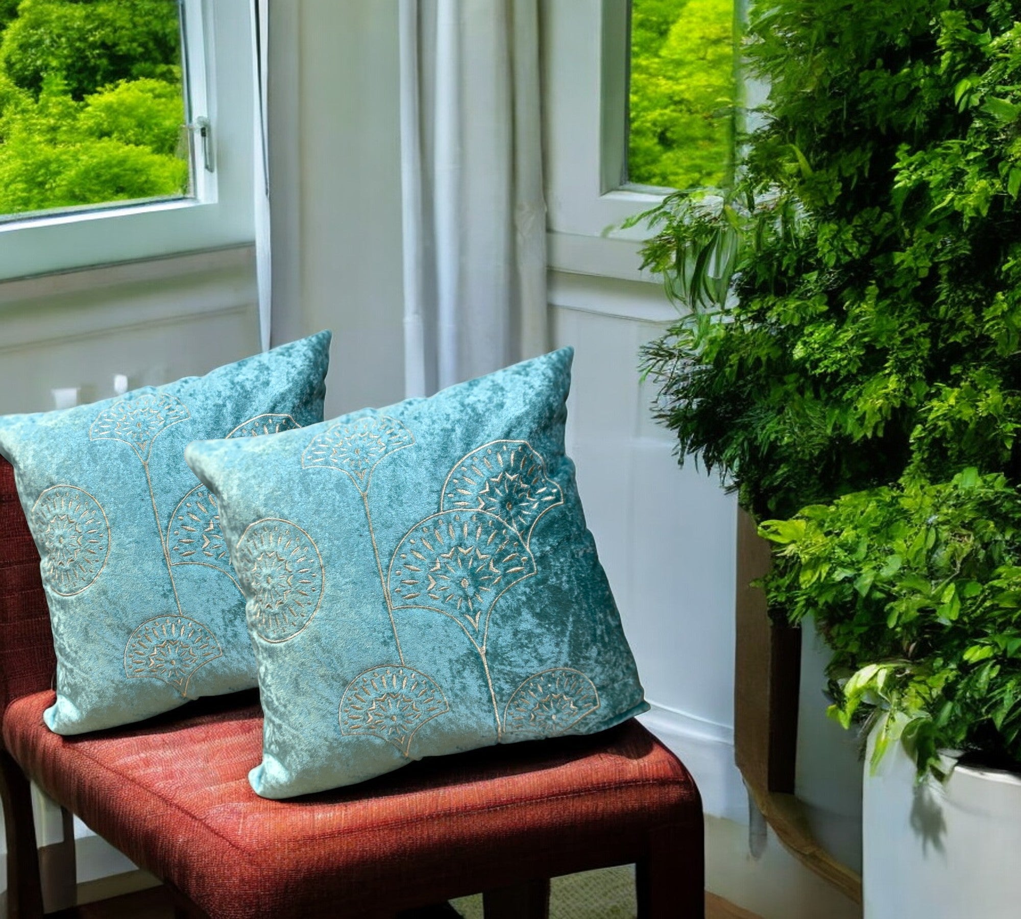 Velvet Cushion or Pillow Cover with Golden Embroidery Set of 2