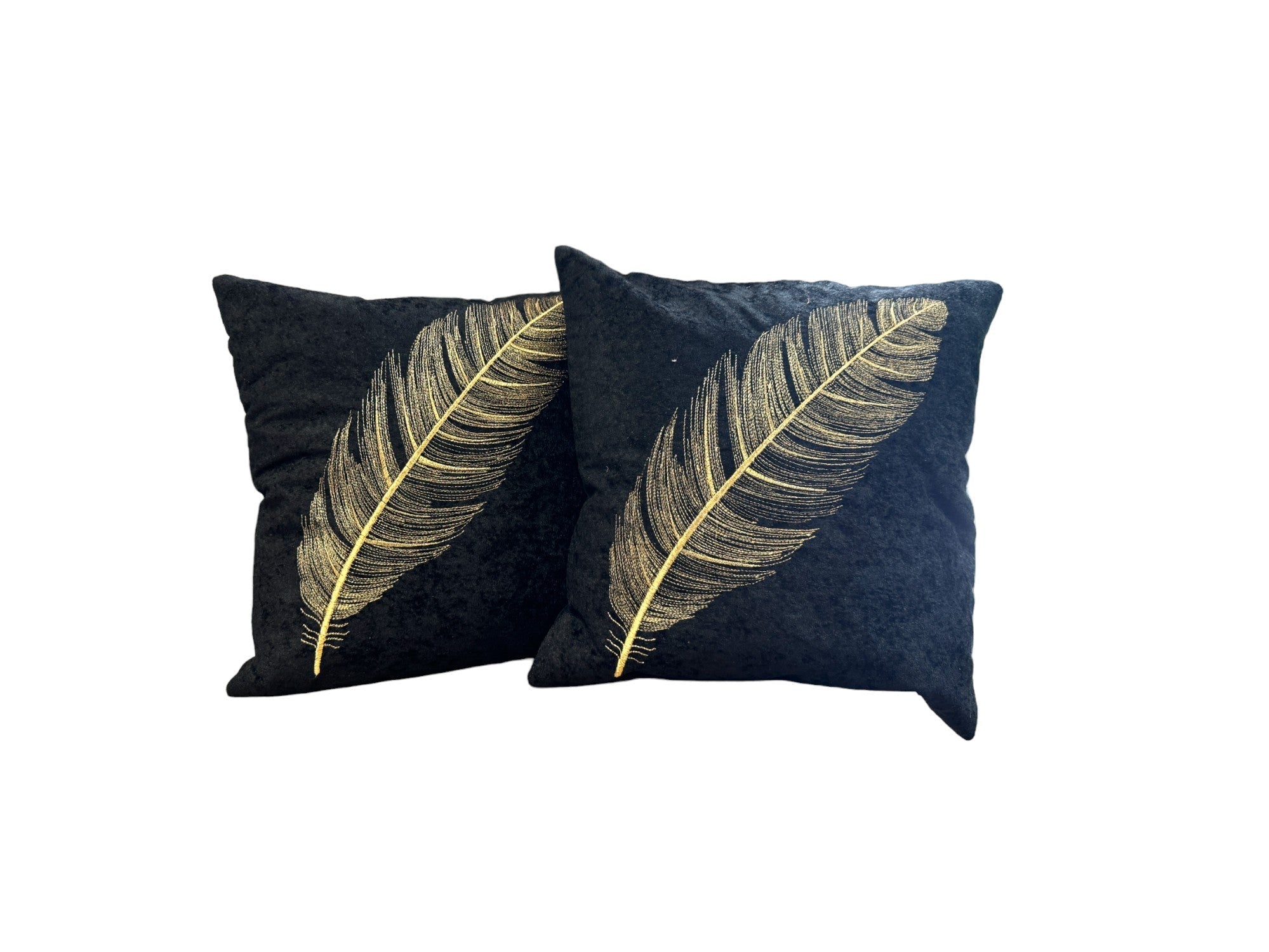 Velvet Cushion or Pillow Cover with Golden Feather Embroidery, Set of 2