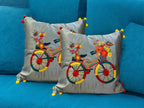 Satin Cushion or Pillow Cover with Cycle Embroidery & Satin Pompom on Sides, Set of 2