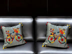 Satin Cushion or Pillow Cover with Cycle Embroidery & Satin Pompom on Sides, Set of 2