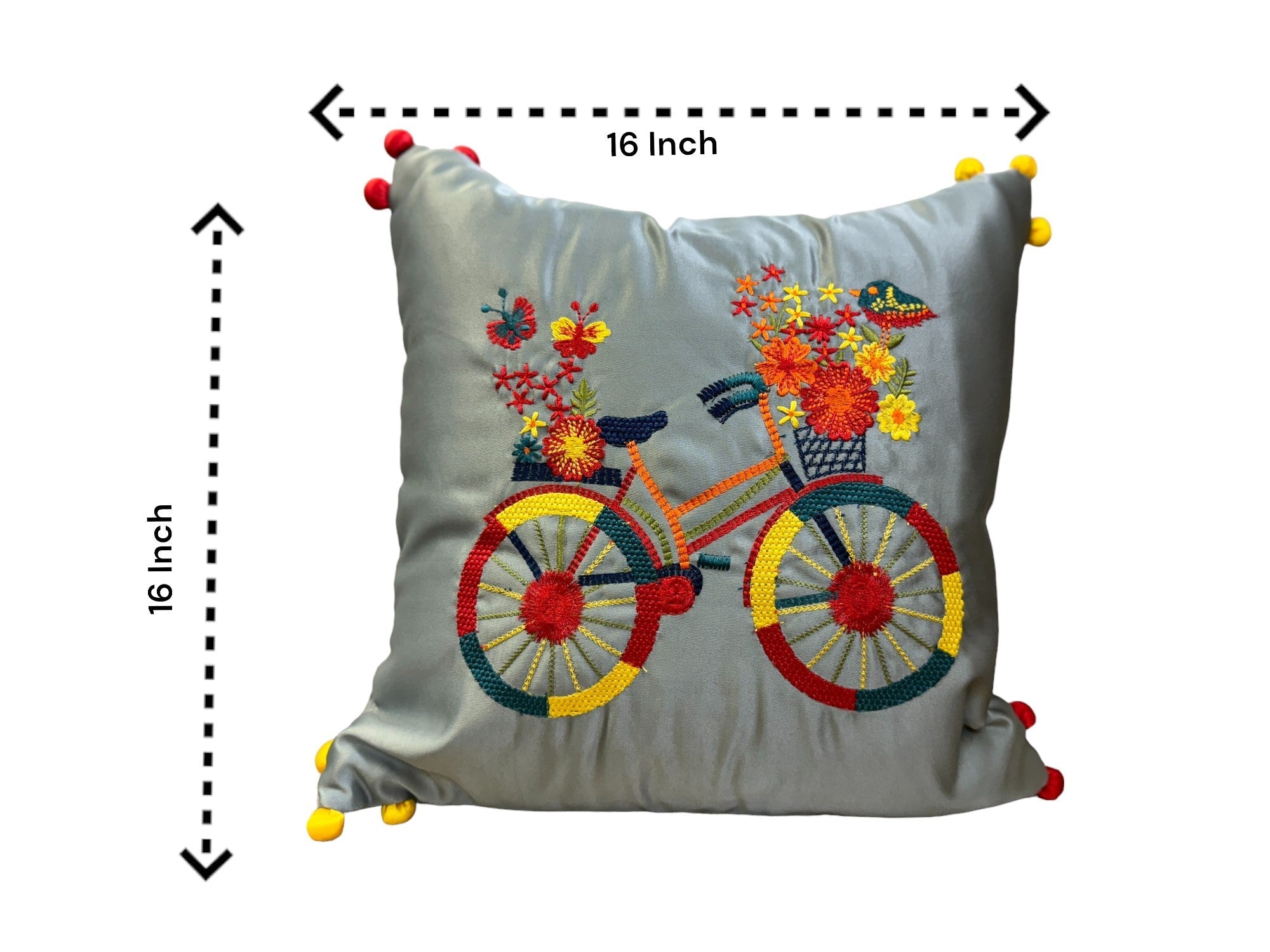 Satin Cushion or Pillow Cover with Cycle Embroidery & Satin Pompom on Sides, Set of 2