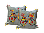 Satin Cushion or Pillow Cover with Cycle Embroidery & Satin Pompom on Sides, Set of 2