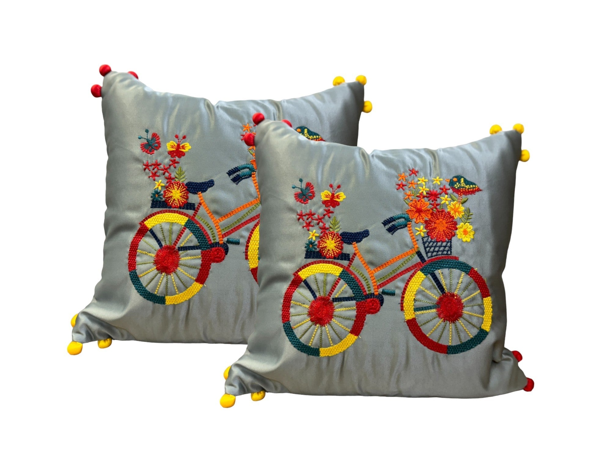 Satin Cushion or Pillow Cover with Cycle Embroidery & Satin Pompom on Sides, Set of 2
