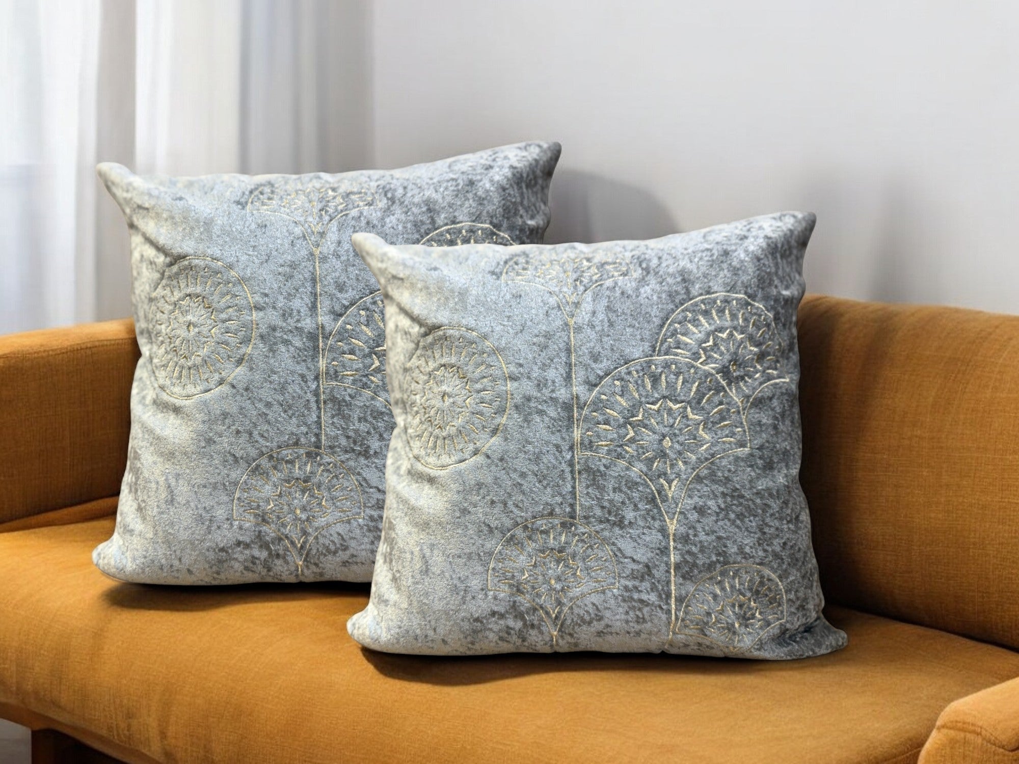 Velvet Cushion or Pillow Cover with Golden Embroidery Set of 2