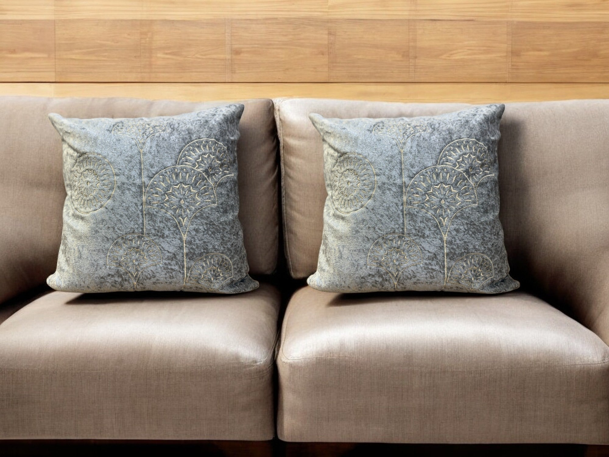 Velvet Cushion or Pillow Cover with Golden Embroidery Set of 2
