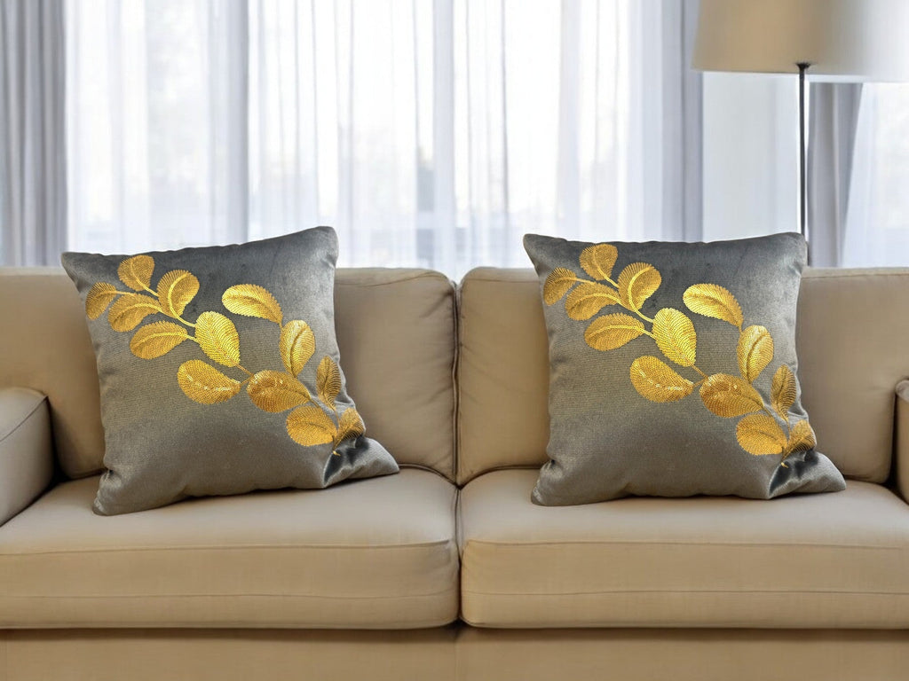 Velvet Cushion or Pillow Cover with Tree Branch Sequence Design, Set of 2
