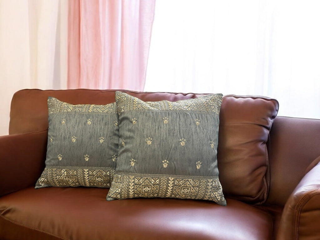 Silk Cushion or Pillow Cover with King Crown & Border Embroidery, Set of 2