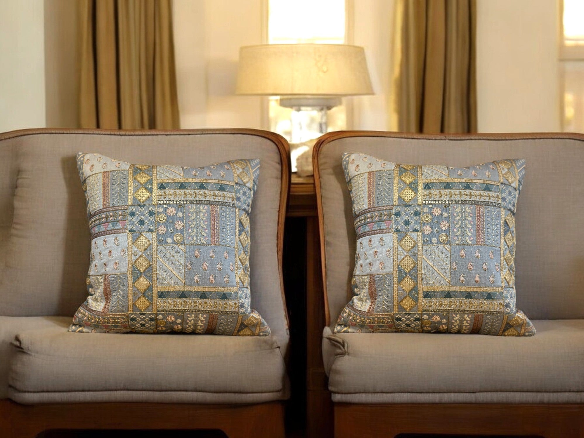 Silk Cushion or Pillow Cover with Heavy Traditional Indian Thread Work, Set of 2