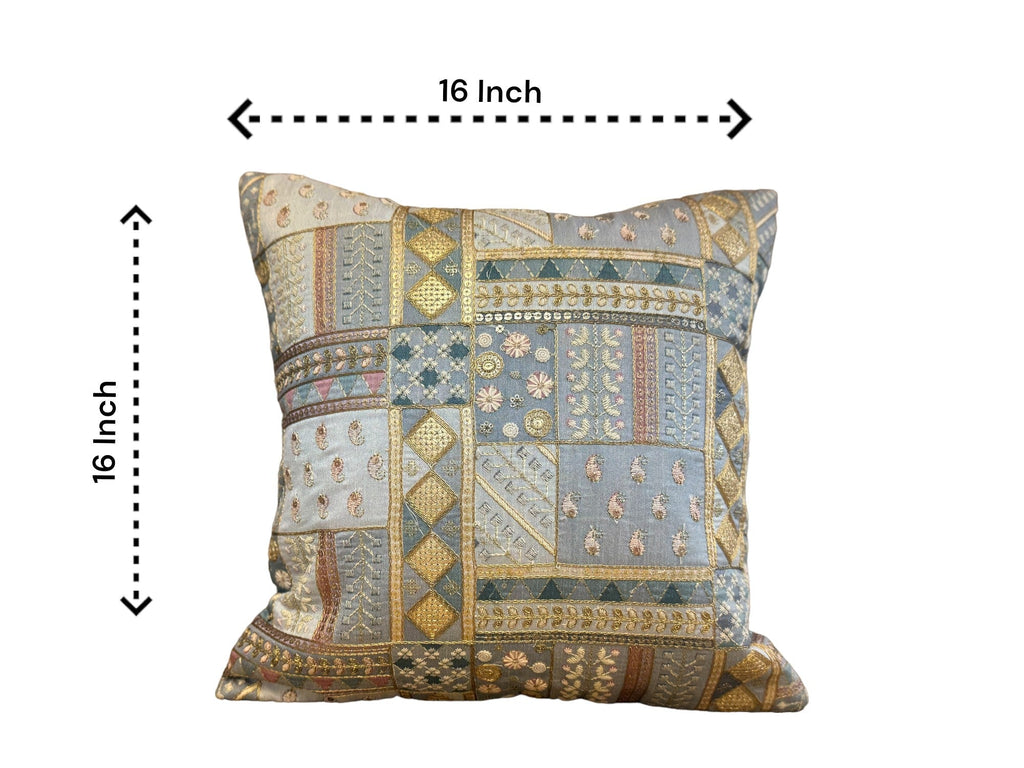 Silk Cushion or Pillow Cover with Heavy Traditional Indian Thread Work, Set of 2