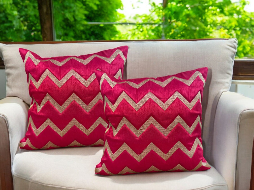 Silk Cushion or Pillow Cover with Golden Zigzag Embroidery, Set of 2