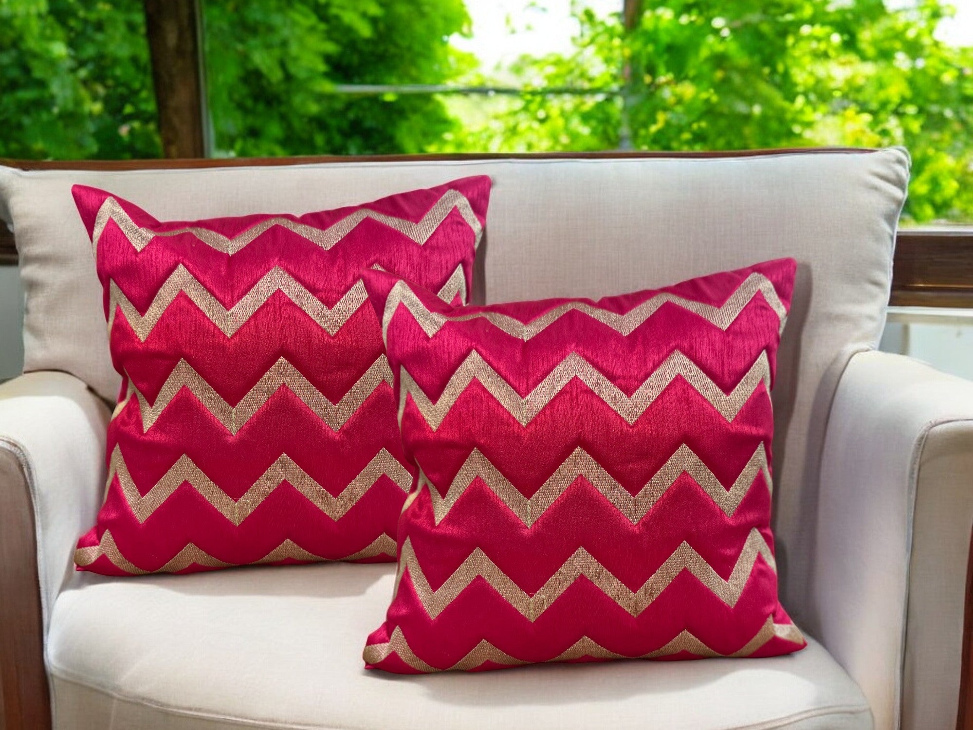 Silk Cushion or Pillow Cover with Golden Zigzag Embroidery, Set of 2