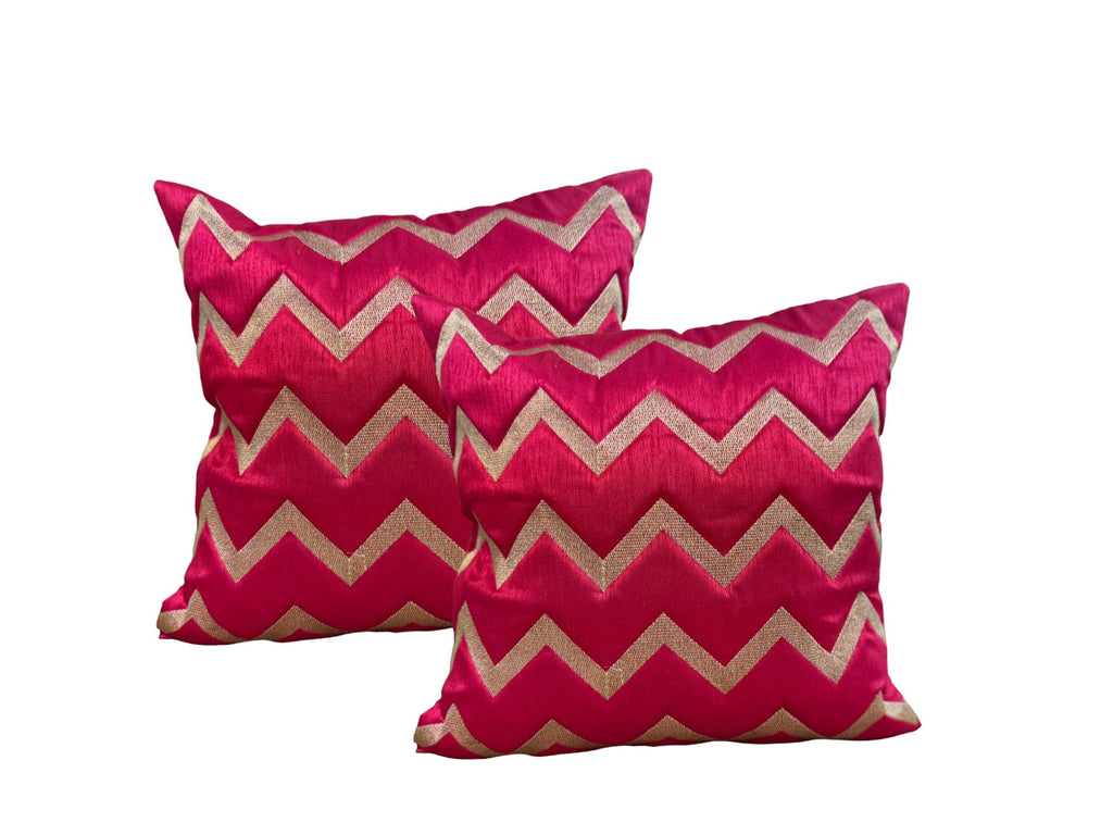 Silk Cushion or Pillow Cover with Golden Zigzag Embroidery, Set of 2