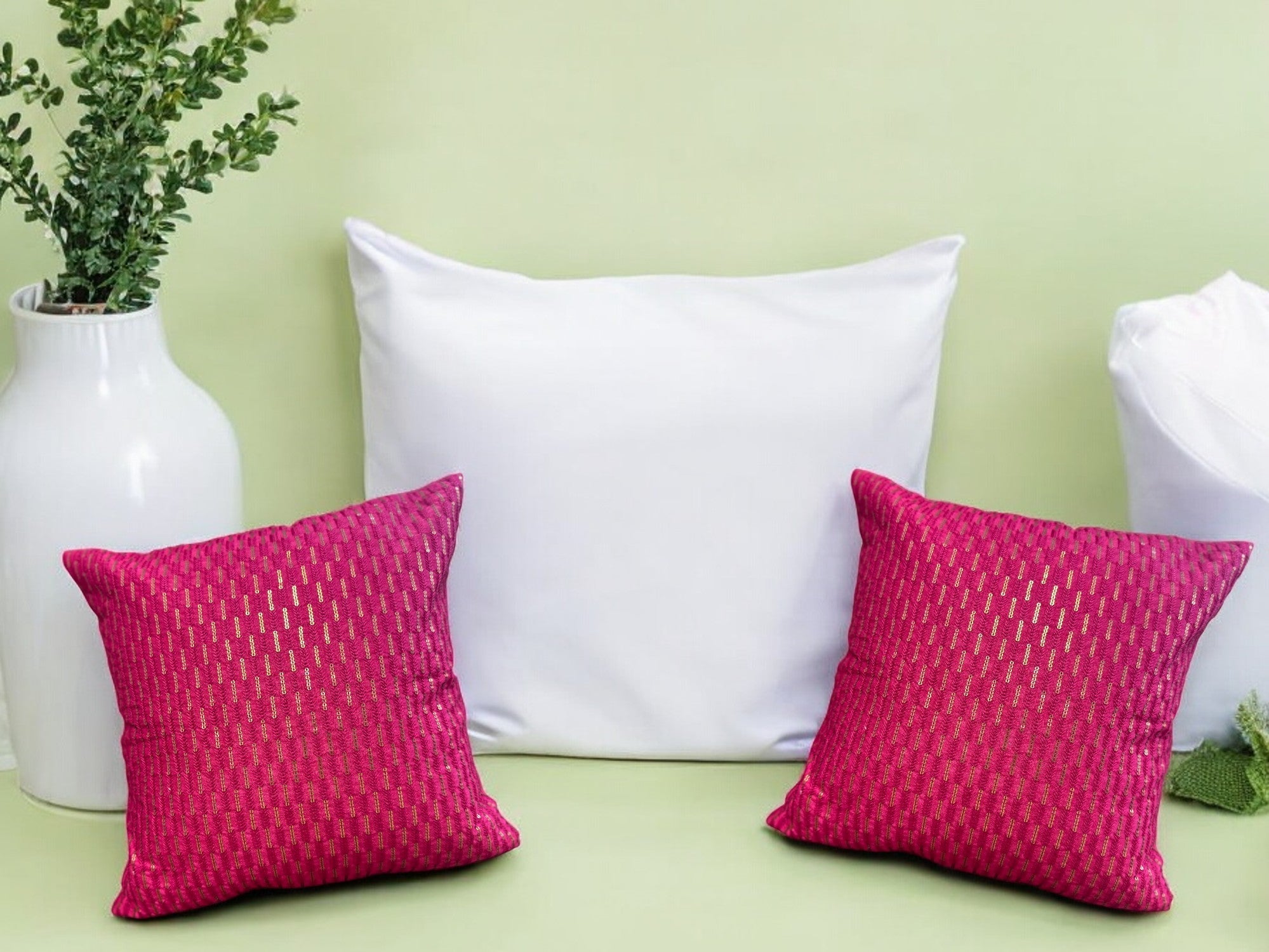 Silk Cushion or Pillow Cover with Full Sequence Design, Set of 2