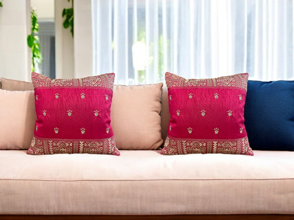 Silk Cushion or Pillow Cover with King Crown & Border Embroidery, Set of 2