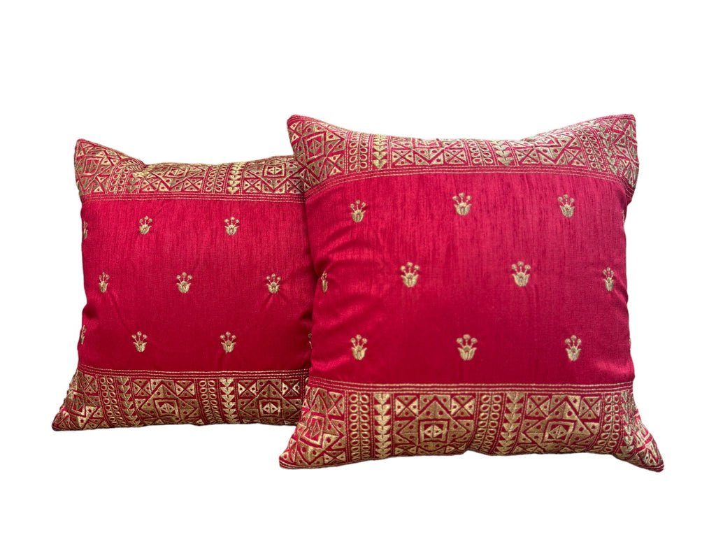 Silk Cushion or Pillow Cover with King Crown & Border Embroidery, Set of 2
