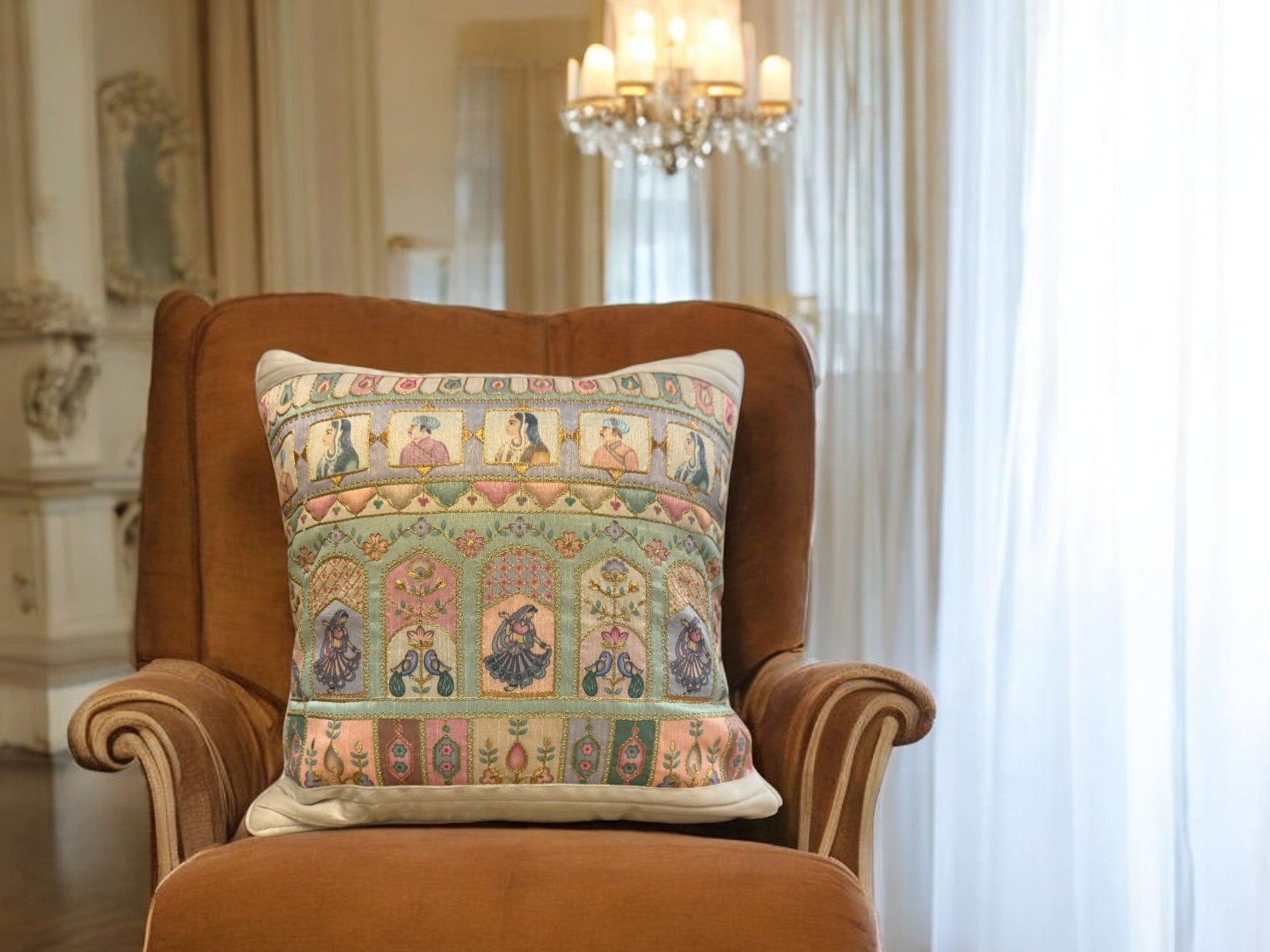 Velvet & Silk Mixed Cushion or Pillow Cover with Raja Rani Thread Work, Set of 1