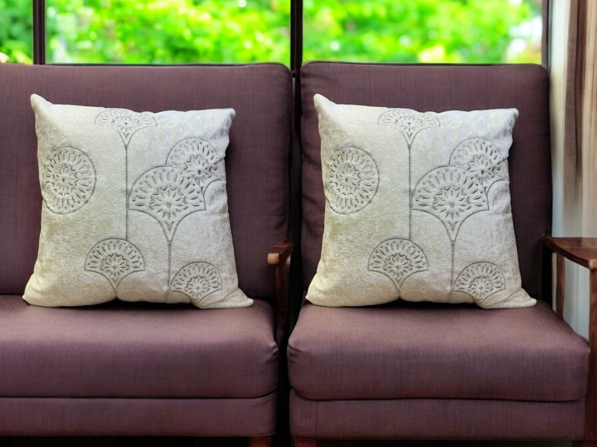 Velvet Cushion or Pillow Cover with Golden Embroidery Set of 2
