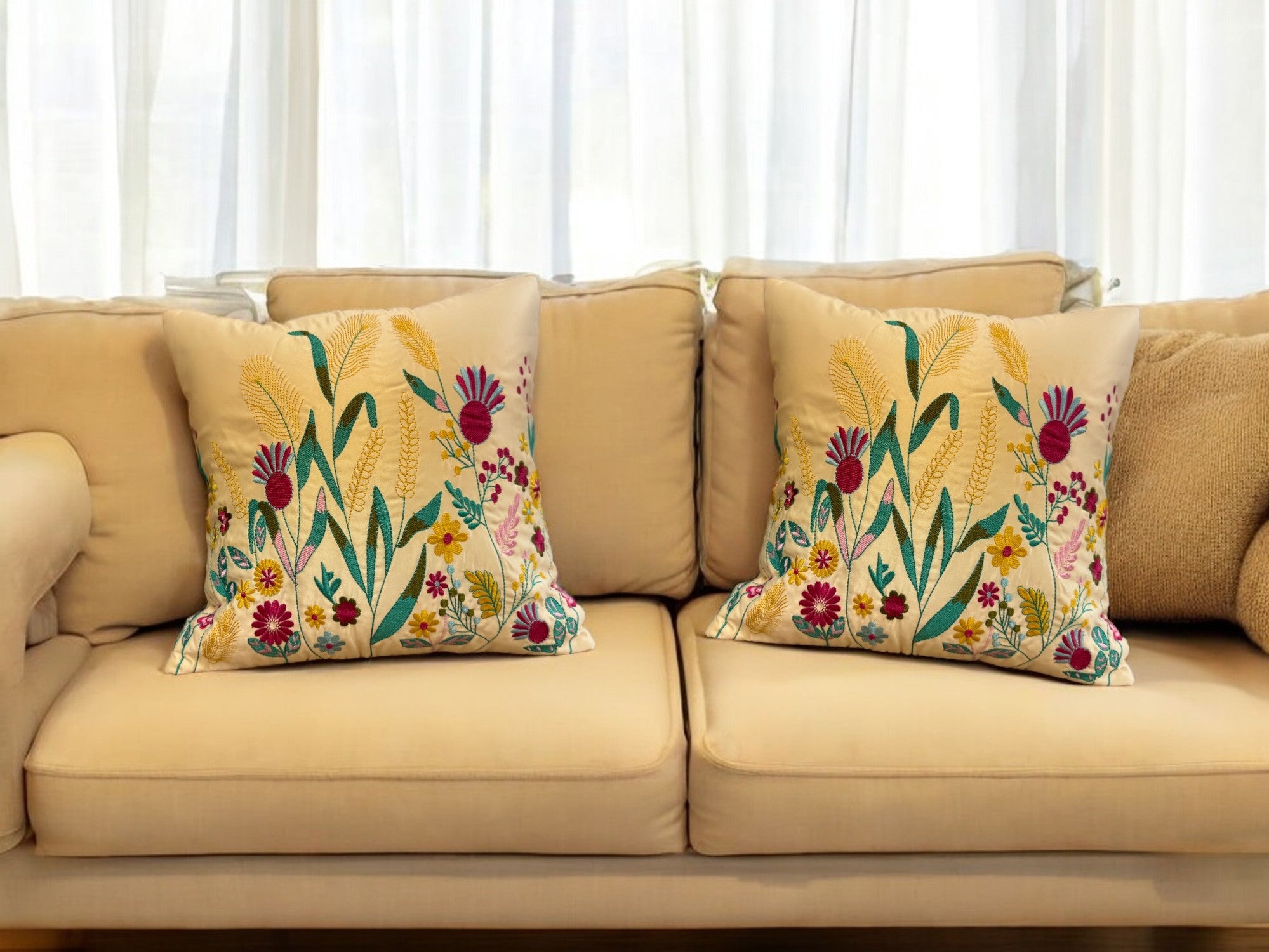 Satin Cushion or Pillow Cover with Garden Embroidery, Set of 2