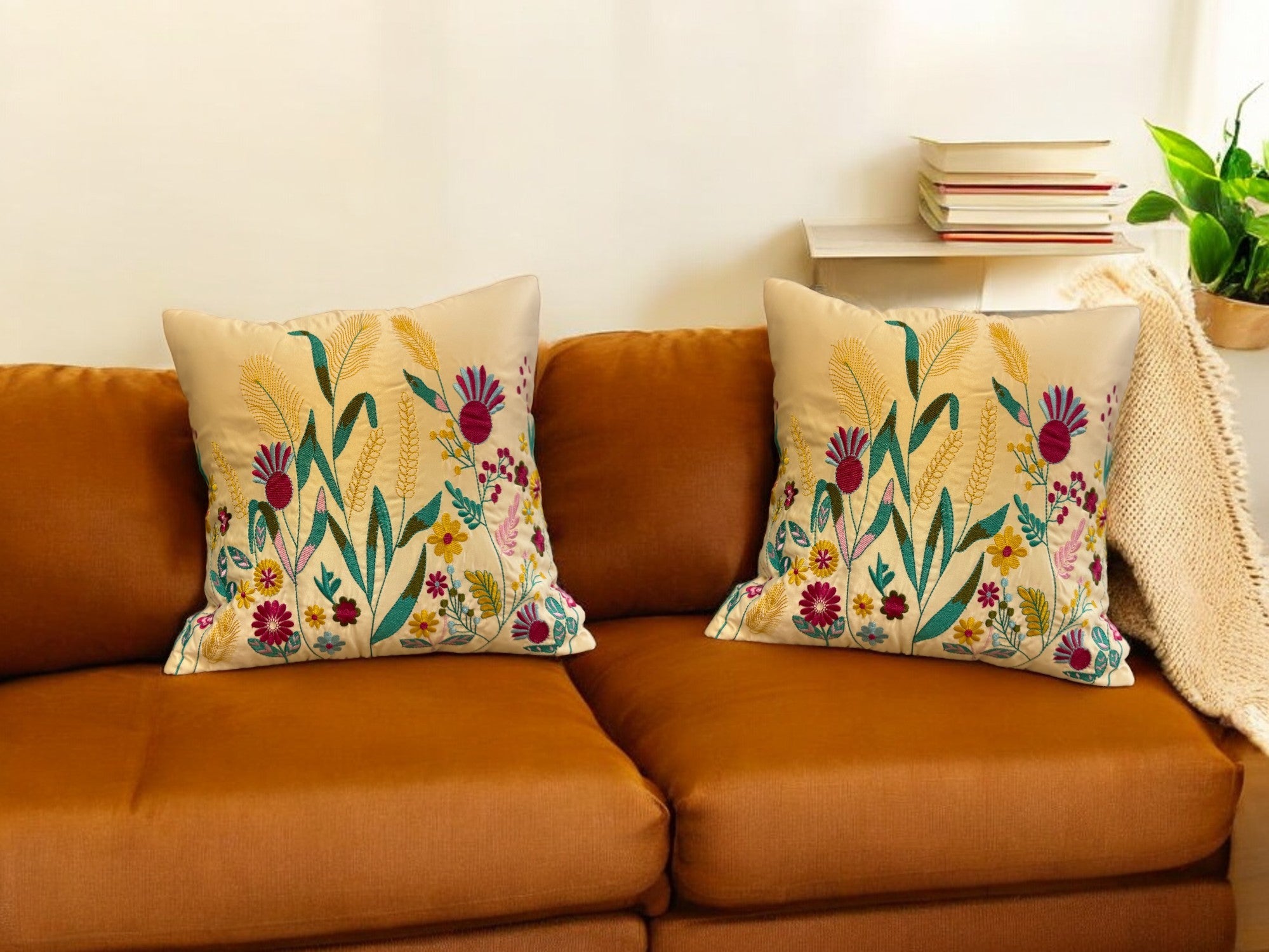 Satin Cushion or Pillow Cover with Garden Embroidery, Set of 2
