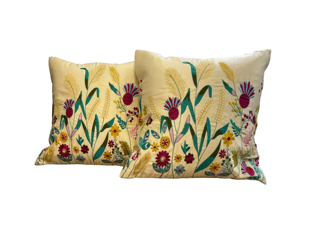 Satin Cushion or Pillow Cover with Garden Embroidery, Set of 2
