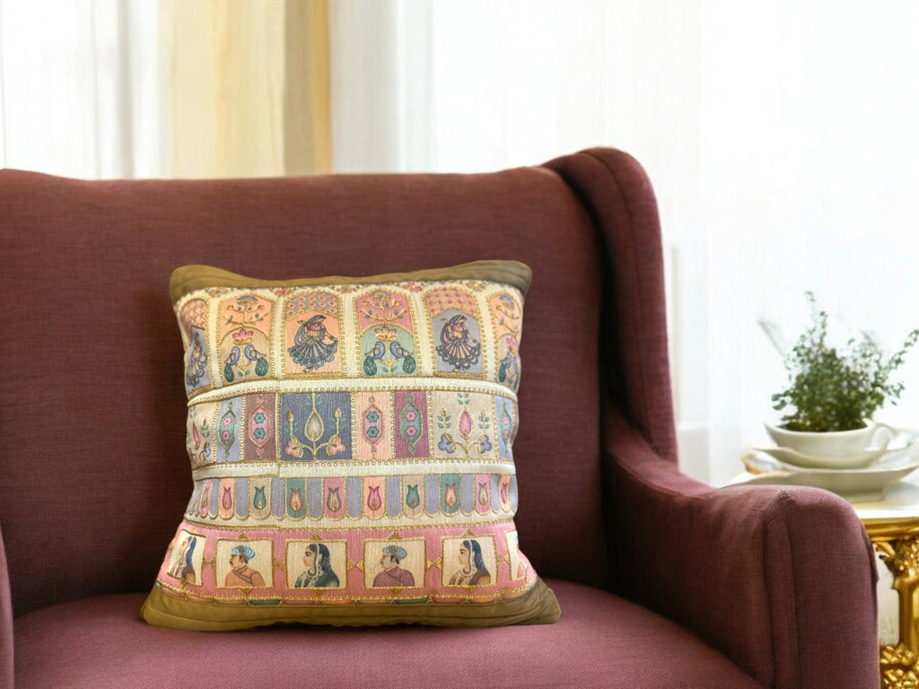 Velvet & Silk Mixed Cushion or Pillow Cover with Raja Rani Thread Work, Set of 1