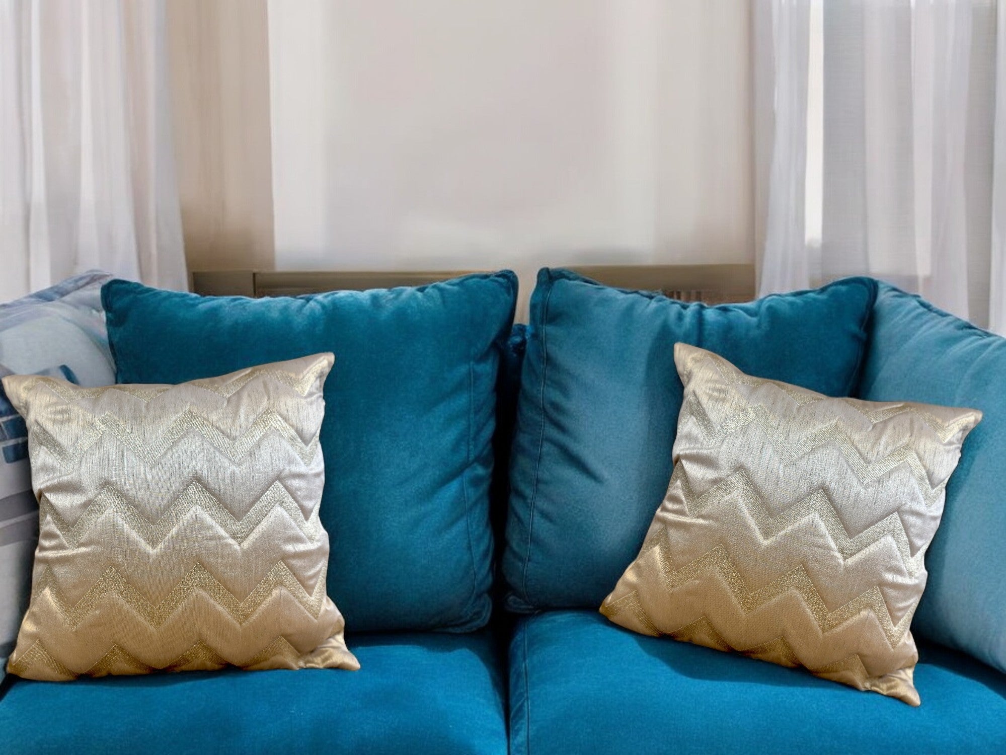 Silk Cushion or Pillow Cover with Golden Zigzag Embroidery, Set of 2