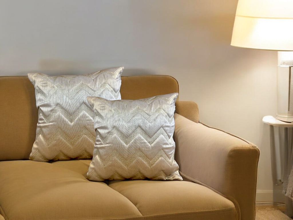 Silk Cushion or Pillow Cover with Golden Zigzag Embroidery, Set of 2